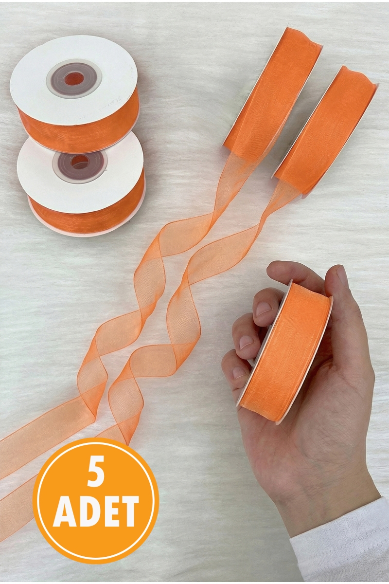 5 Adet Organze Tül Kurdele Somon 2 cm 22 mt, Bohça, Nişan, Çeyiz, Hediye, Paketleme, Süsleme, Nikah