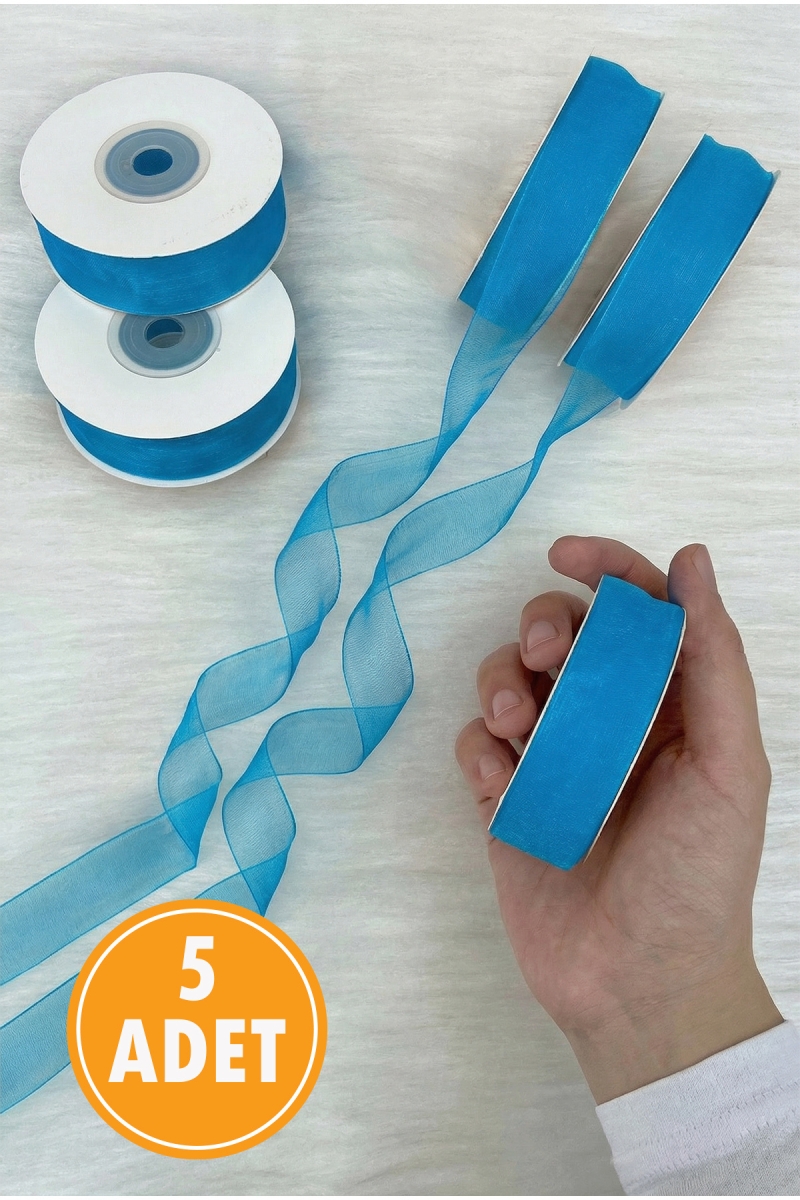 5 Adet Organze Tül Kurdele Sünnet Mavi 2 cm 22 mt, Bohça, Çeyiz, Hediye, Paketleme, Süsleme, Nikah