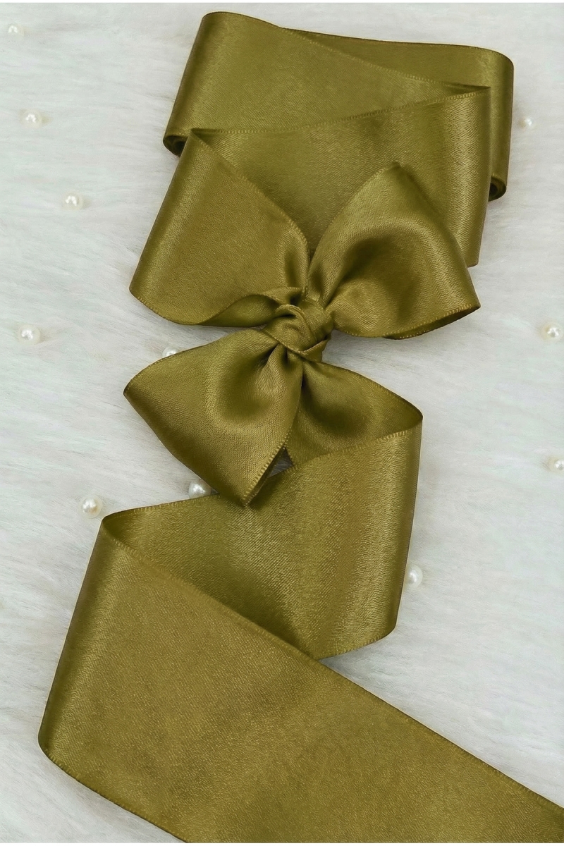 6 Cm Yağ Yeşili Çift Taraflı Saten Kurdele 10 Metre, Bohça Çeyiz Nişan Takı Özel Gün Hediye Süsleme