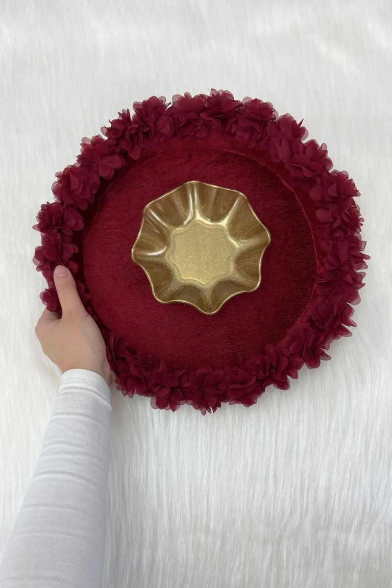 Bordo Gelin Kına Gecesi Tepsisi, Düğün, Sünnet, Kadife Üç Boyutlu Lazer Çiçek Süslemeli Tepsi