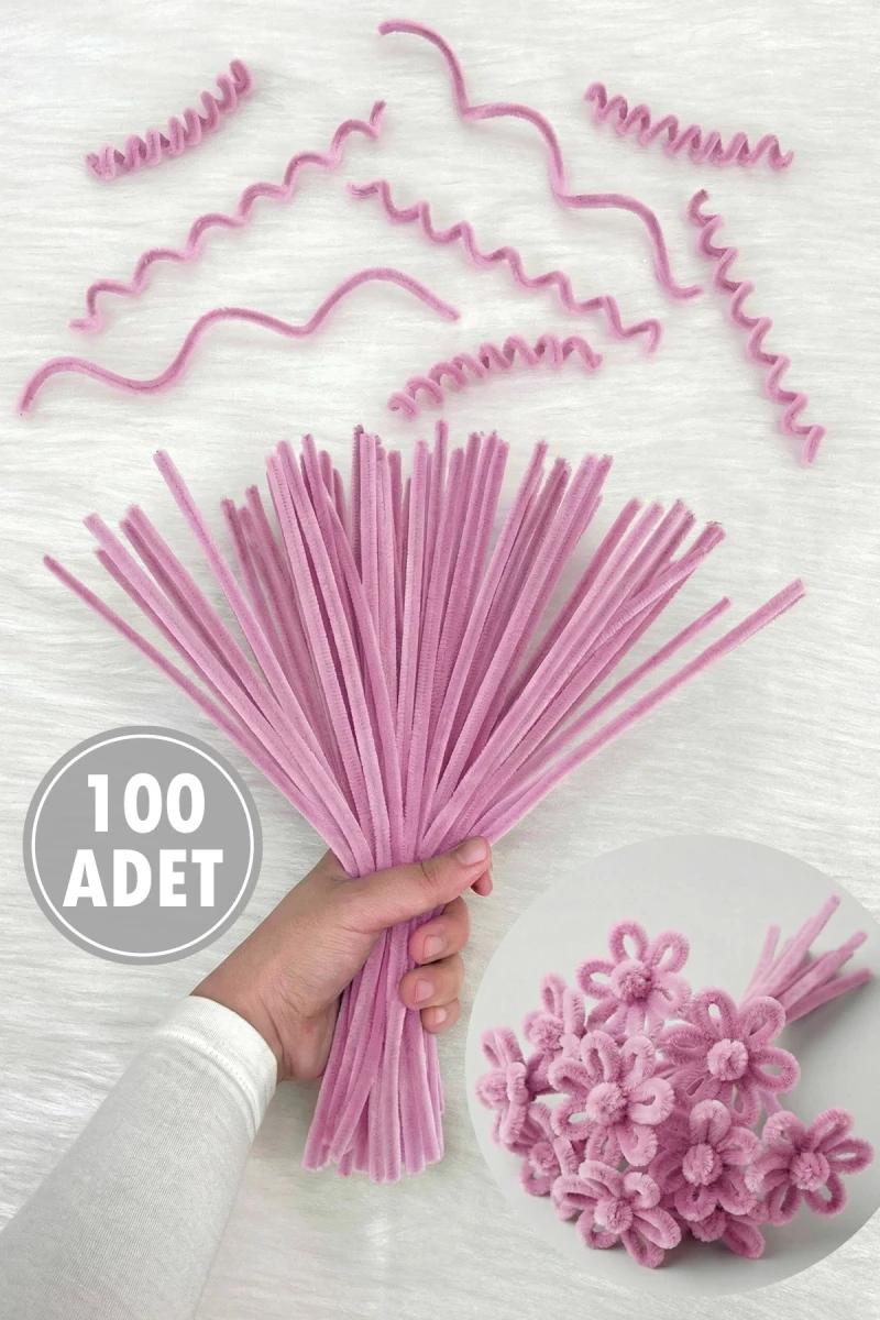 Açık Pembe Şönil 30cm, 100 Adet Tüylü Kadife Tel Peluş, El İşi, Çiçek, Hediye, Süsleme, Okul, Etkinlik