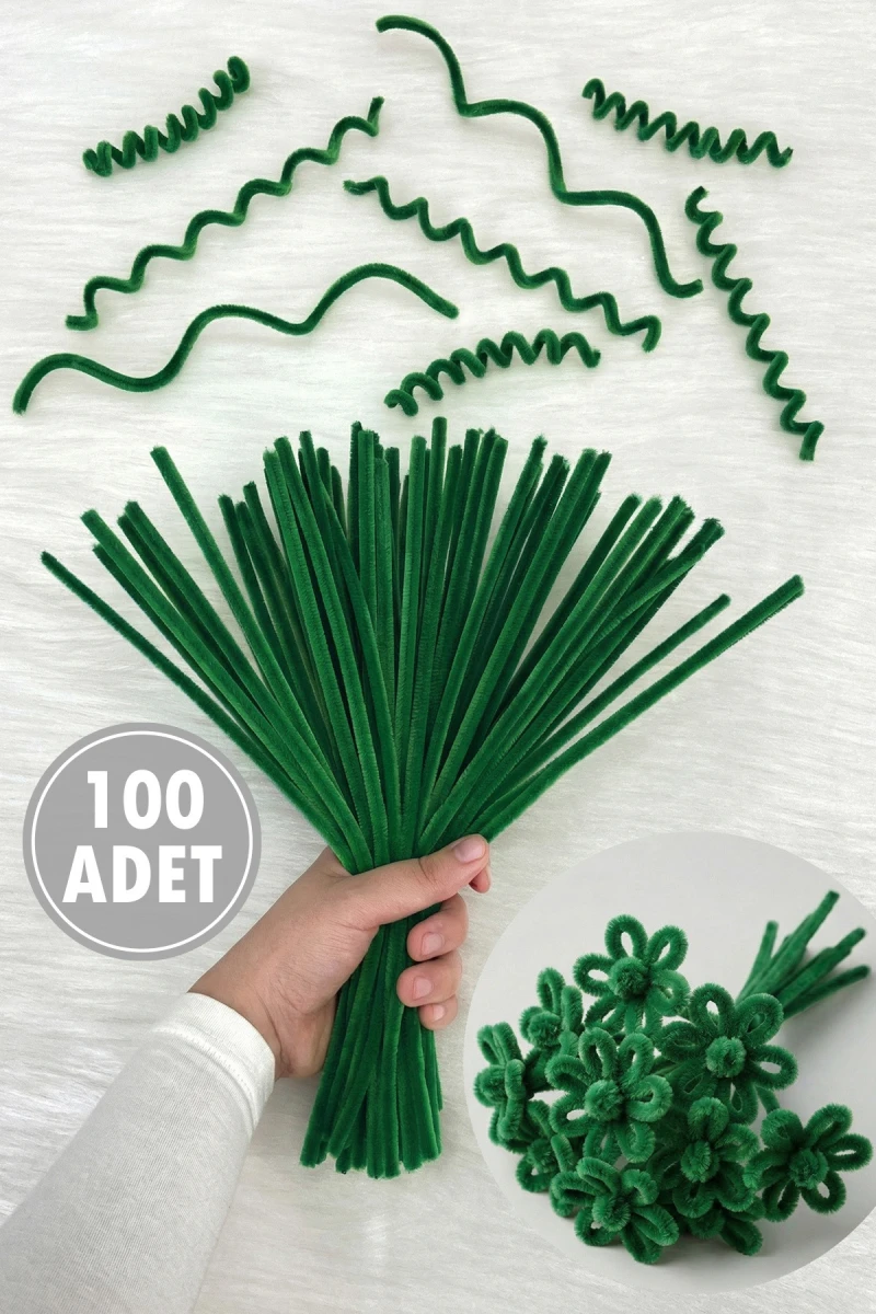 Ağaç Yeşil Şönil 30cm, 100 Adet Tüylü Kadife Tel Peluş, El İşi, Çiçek, Hediye, Süsleme, Okul, Etkinlik