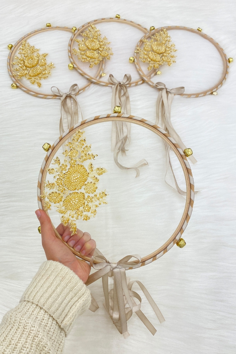 Aplikli Gelin Tefi Gold, Nedime Düğün Kına Gecesi Sünnet Bekarlığa Veda Bride Zilli 25cm 1 Adet