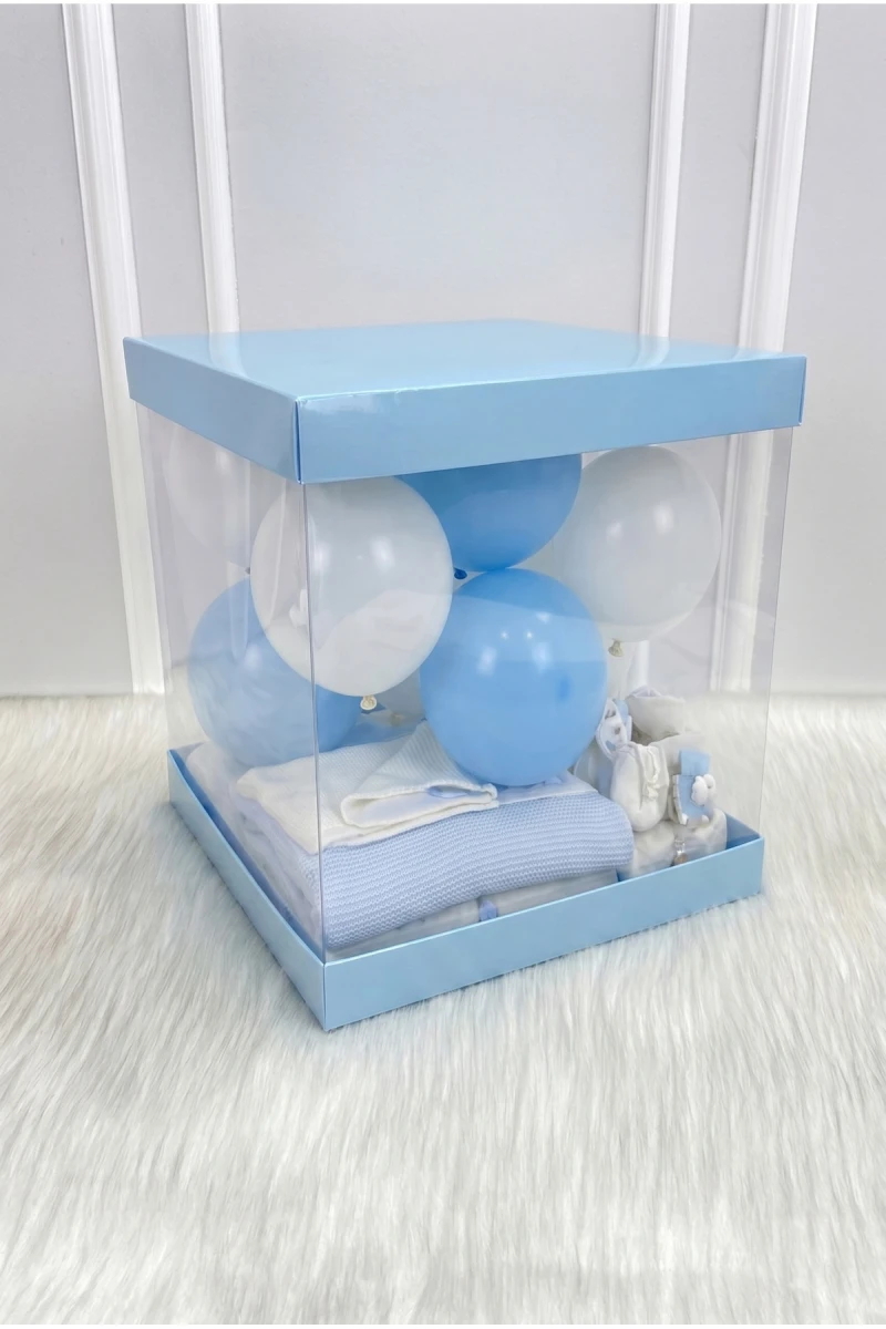 Asetat Kutu, Bebe Mavi Büyük Boy 30x30Cm, Şeffaf Demonte, Doğum Hediye Baby Bebek Cinsiyet Parti