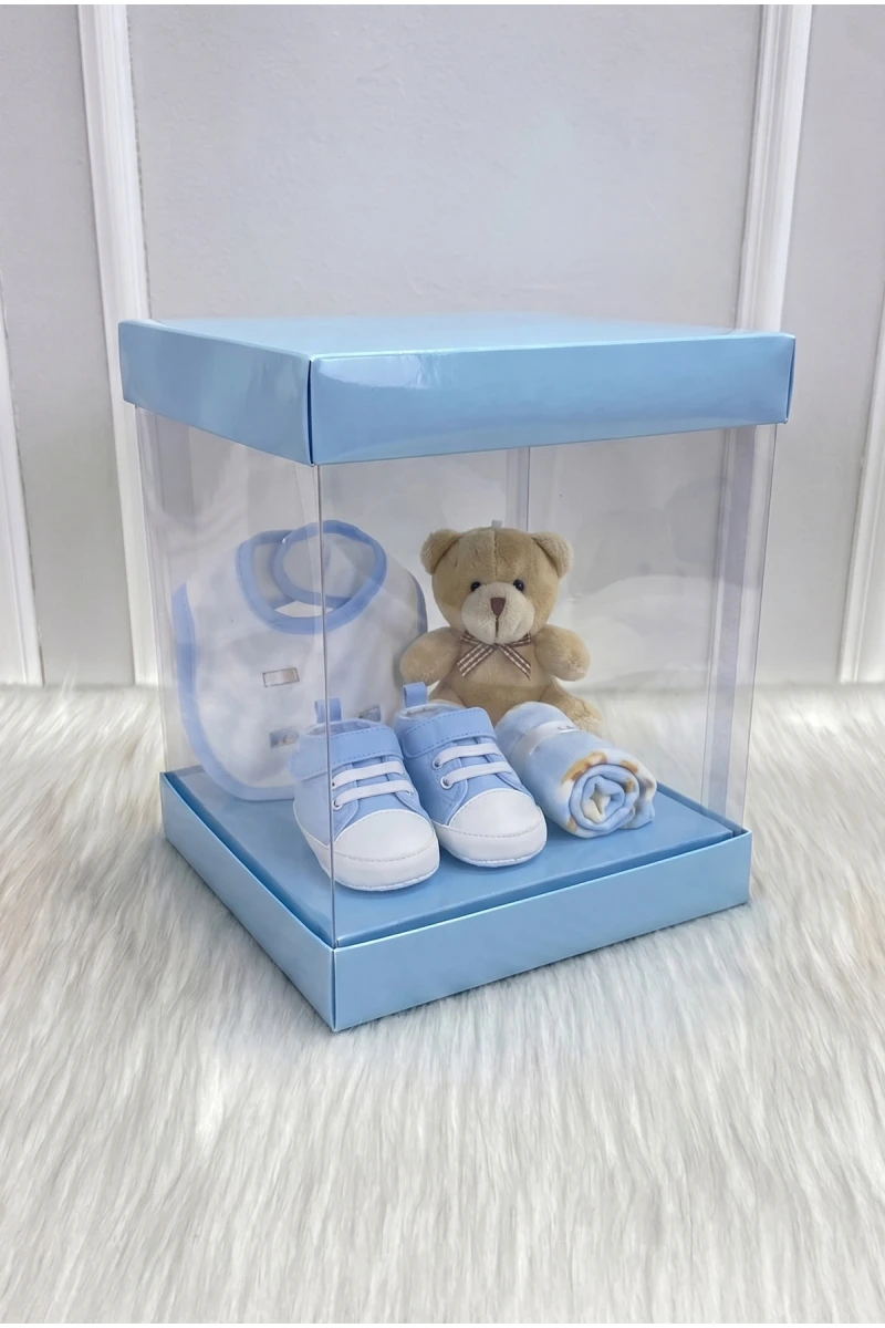 Asetat Kutu, Bebe Mavi Küçük Boy 20X20Cm, Şeffaf Demonte, Doğum Hediye Baby Bebek Cinsiyet Parti