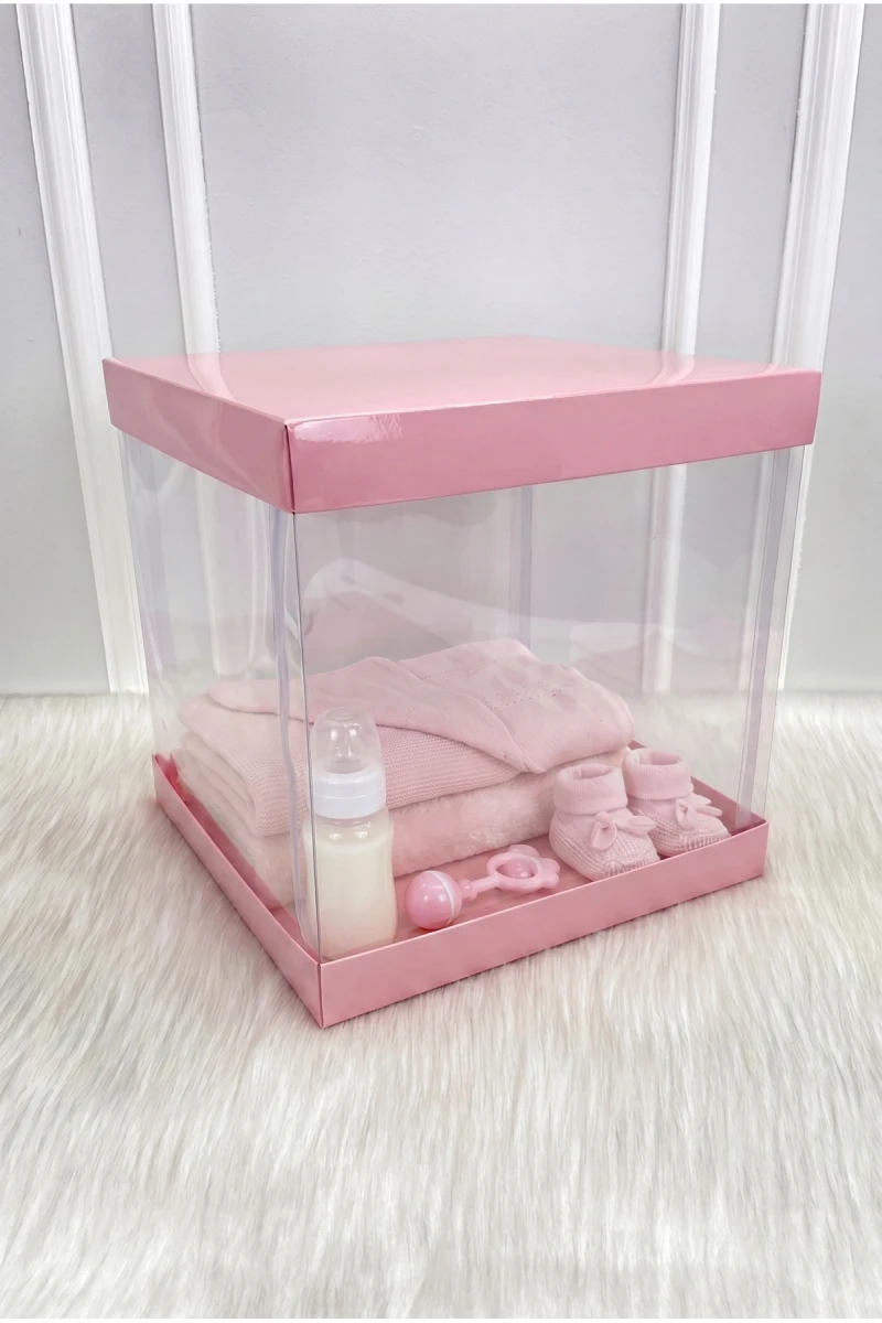 Asetat Kutu, Bebe Pembe Büyük Boy 30x30Cm, Şeffaf Demonte, Doğum Hediye Baby Bebek Cinsiyet Parti