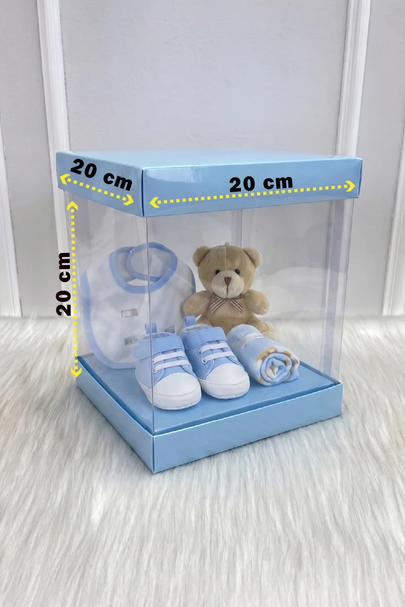 Asetat Kutu, Bebe Mavi Küçük Boy 20X20Cm, Şeffaf Demonte, Doğum Hediye Baby Bebek Cinsiyet Parti