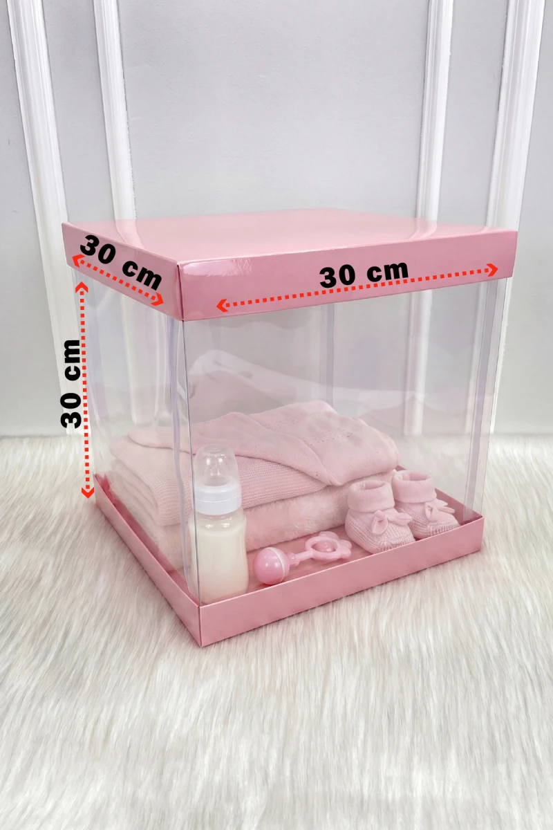 Asetat Kutu, Şeffaf Demonte, Doğum Hediye Baby Bebek Cinsiyet Parti, Bebe Pembe Büyük Boy 30x30Cm