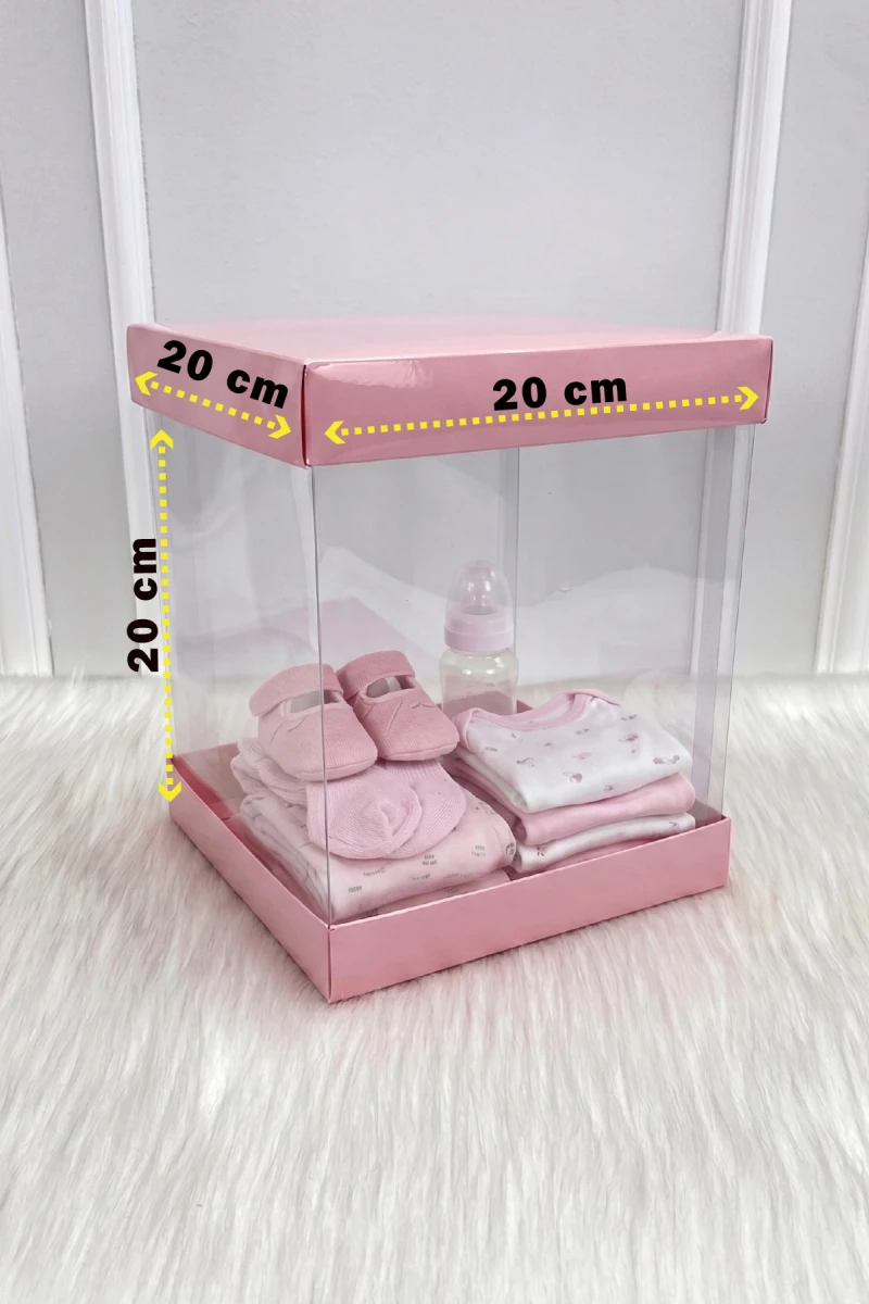 Asetat Kutu, Şeffaf Demonte, Doğum Hediye Baby Bebek Cinsiyet Parti, Bebe Pembe Küçük Boy 20X20Cm,