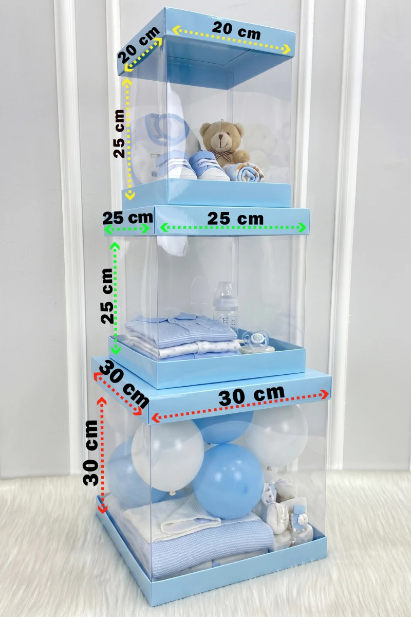 Asetat Kutu, Şeffaf Katlanabilir Demonte, Doğum Hediye Baby Shower Bebek Cinsiyet Parti, Bebe Mavi 3'lü Set,