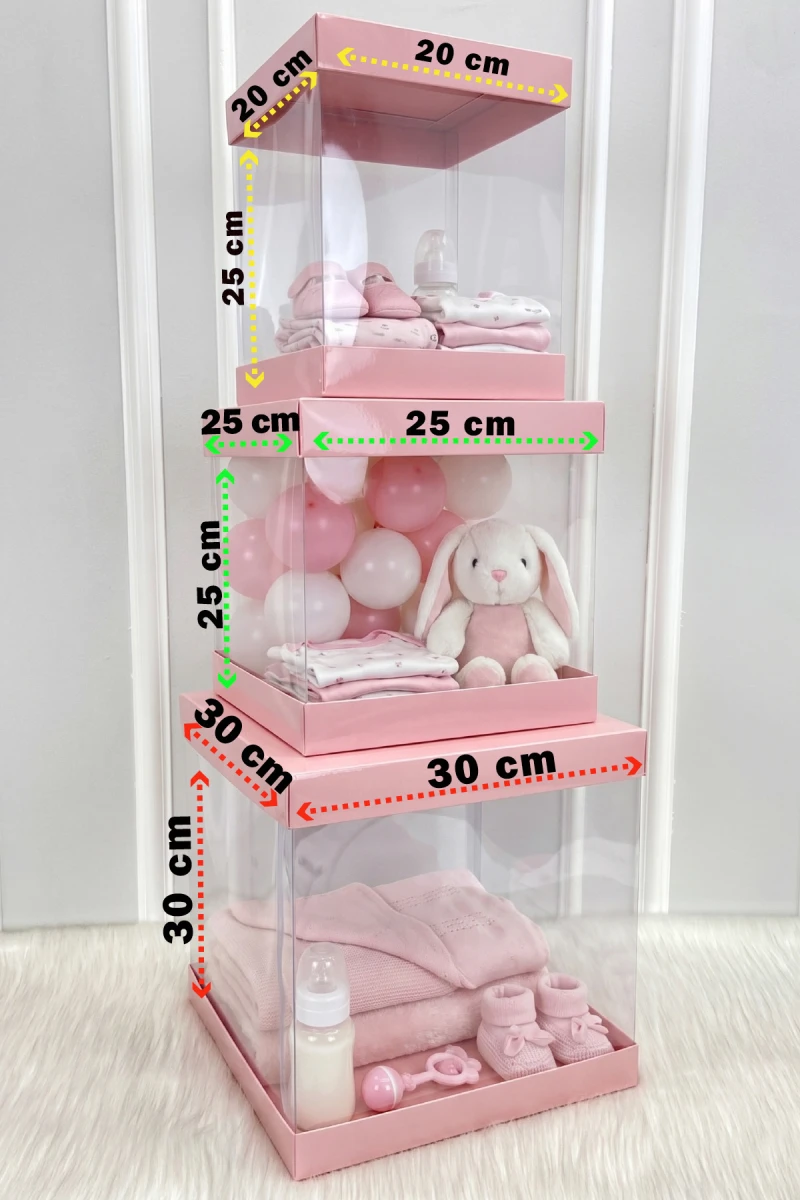 Asetat Kutu, Şeffaf Katlanabilir Demonte, Doğum Hediye Baby Shower Bebek Cinsiyet Parti, Bebe Pembe 3'lü Set
