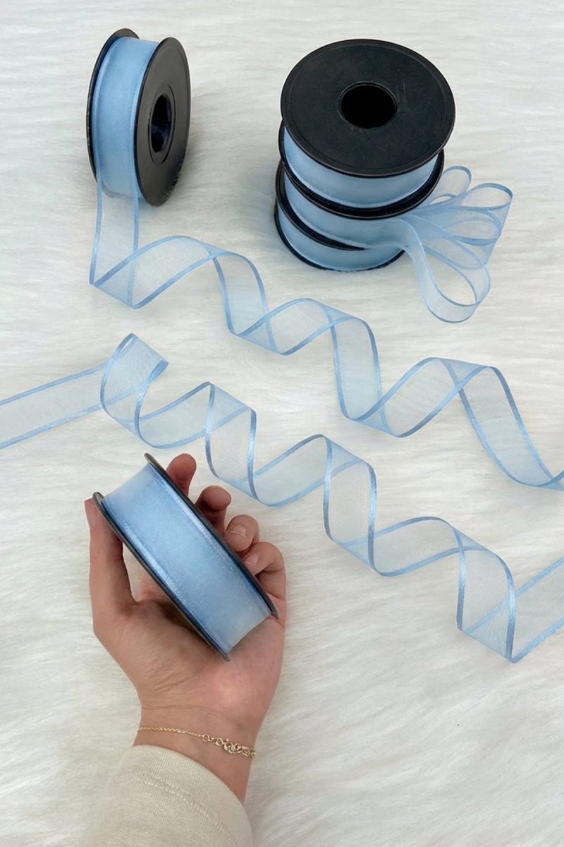 Bebe Mavi Şifon Kurdele 2,5 cm 20 mt, Gelin, Damat, Bohça, Nişan, Çeyiz, Özel Gün, Hediye, Düğün