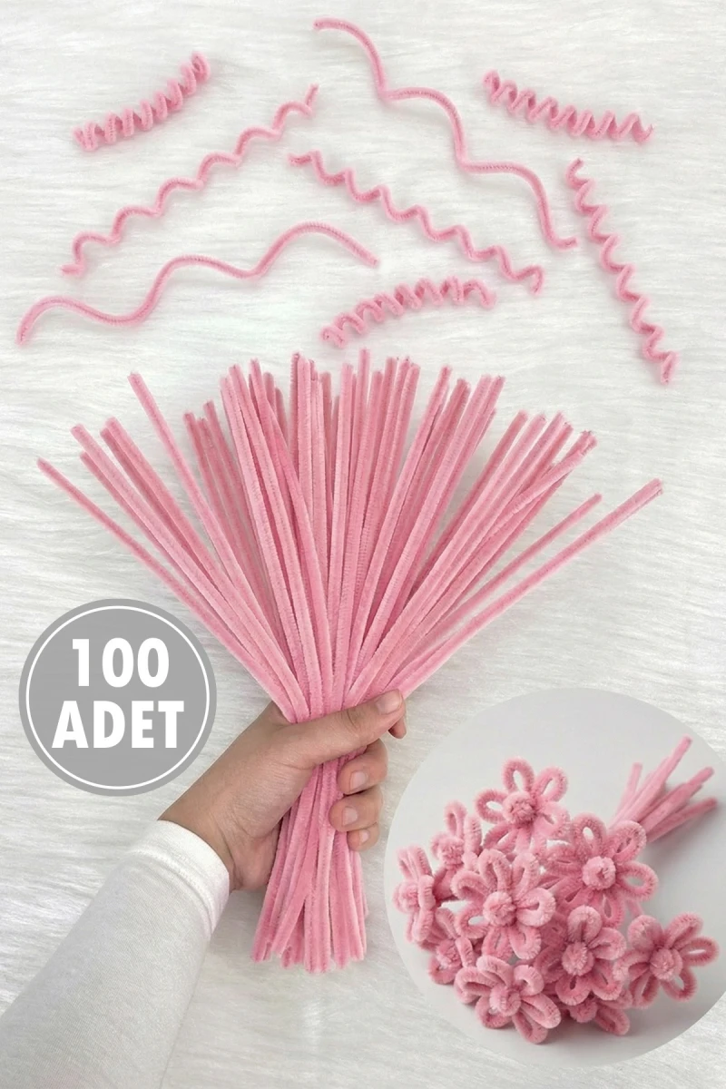 Bebe Pembe Şönil 30cm, 100 Adet Tüylü Kadife Tel Peluş, El İşi, Çiçek, Hediye, Süsleme, Okul, Etkinlik