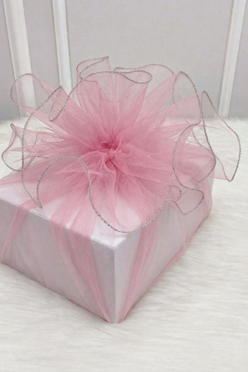 Bebe Pembe Süsleme Tülü Gümüş Kenarlı, Bohça Çeyiz Gelin Nişan Nikah Valiz Hediye Süsü 100x100cm