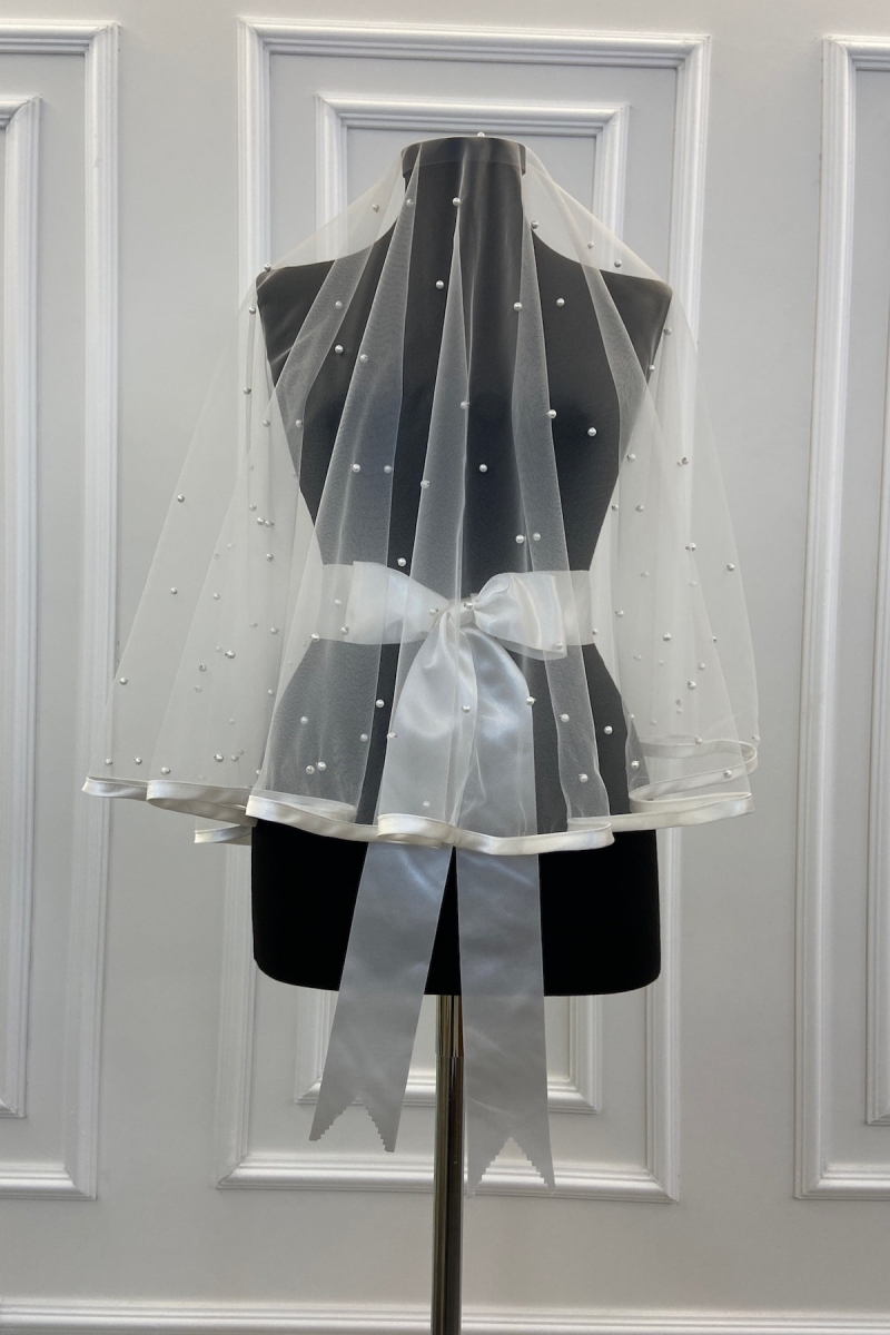 Beyaz Biyeli Bol Incili Gelin Duvak Seti