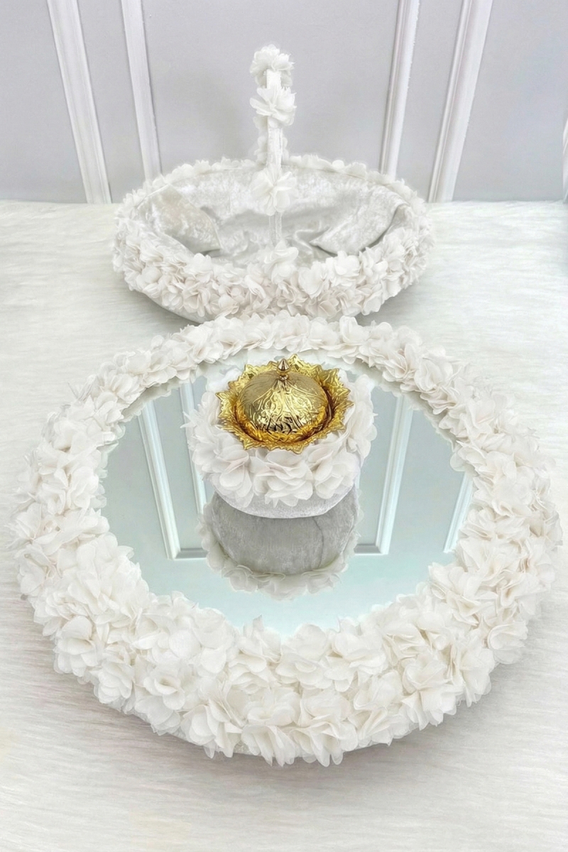 Beyaz Çiçekli Aynalı Kadife Kına Gecesi Tepsi Sepet Gelin Takımı, Nişan Nikah Düğün Söz Sünnet