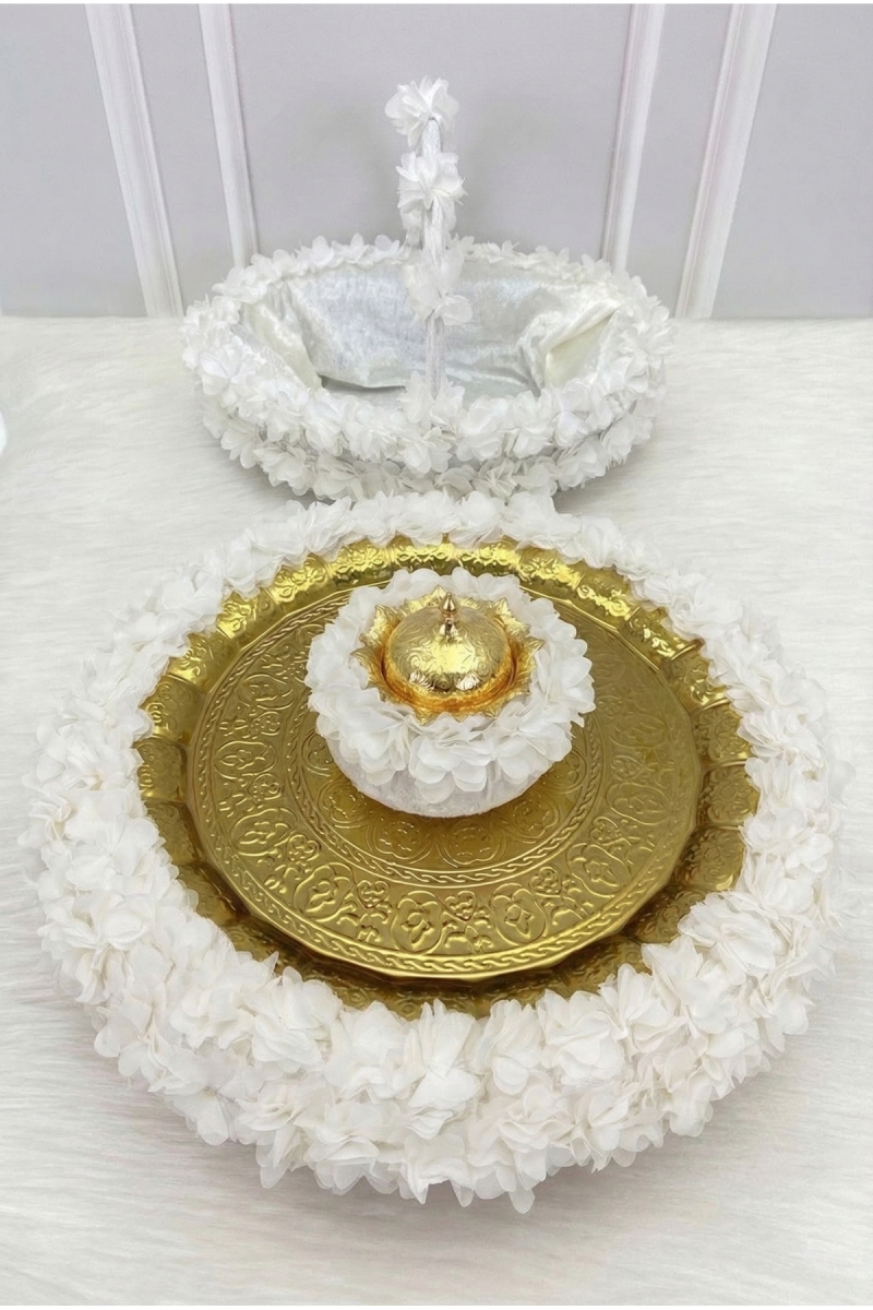 Beyaz Çiçekli Bakır Tepsili Kadife Kına Gecesi Tepsi Sepet Gelin Takımı, Nişan Nikah Düğün Sünnet