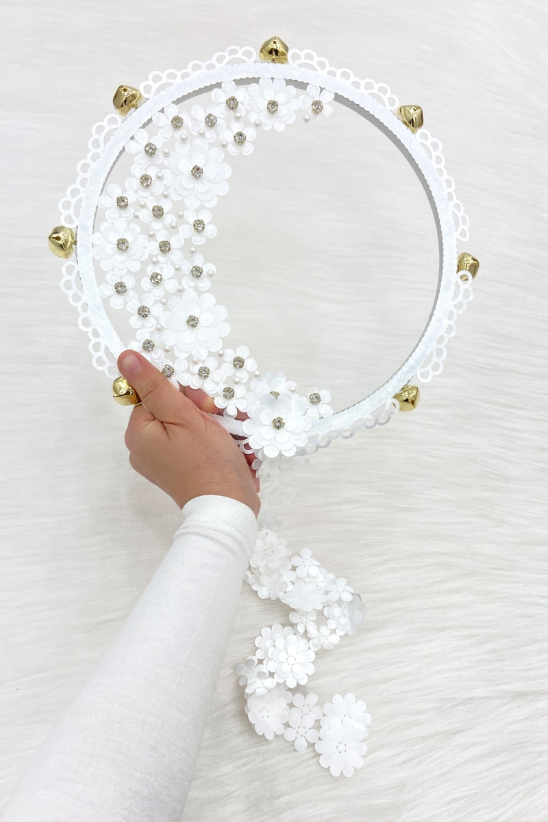 Beyaz Çiçekli Parlak Taşlı Gelin Tefi, Düğün Kına Söz Sünnet Bekarlığa Veda Bride Zilli 25cm, 1 Adet