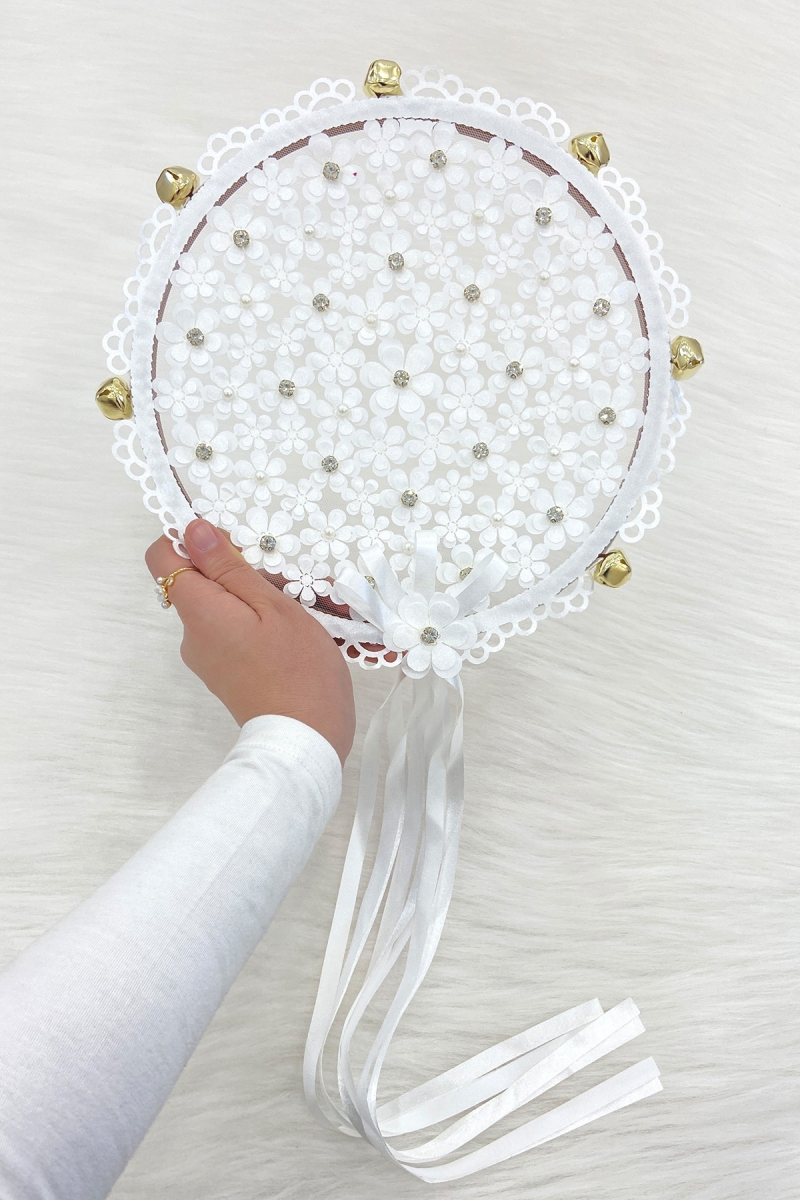 Beyaz Çiçekli Parlak Taşlı Gelin Tefi, Düğün Kına Söz Sünnet Bekarlığa Veda Bride Zilli 25cm, 1 Adet