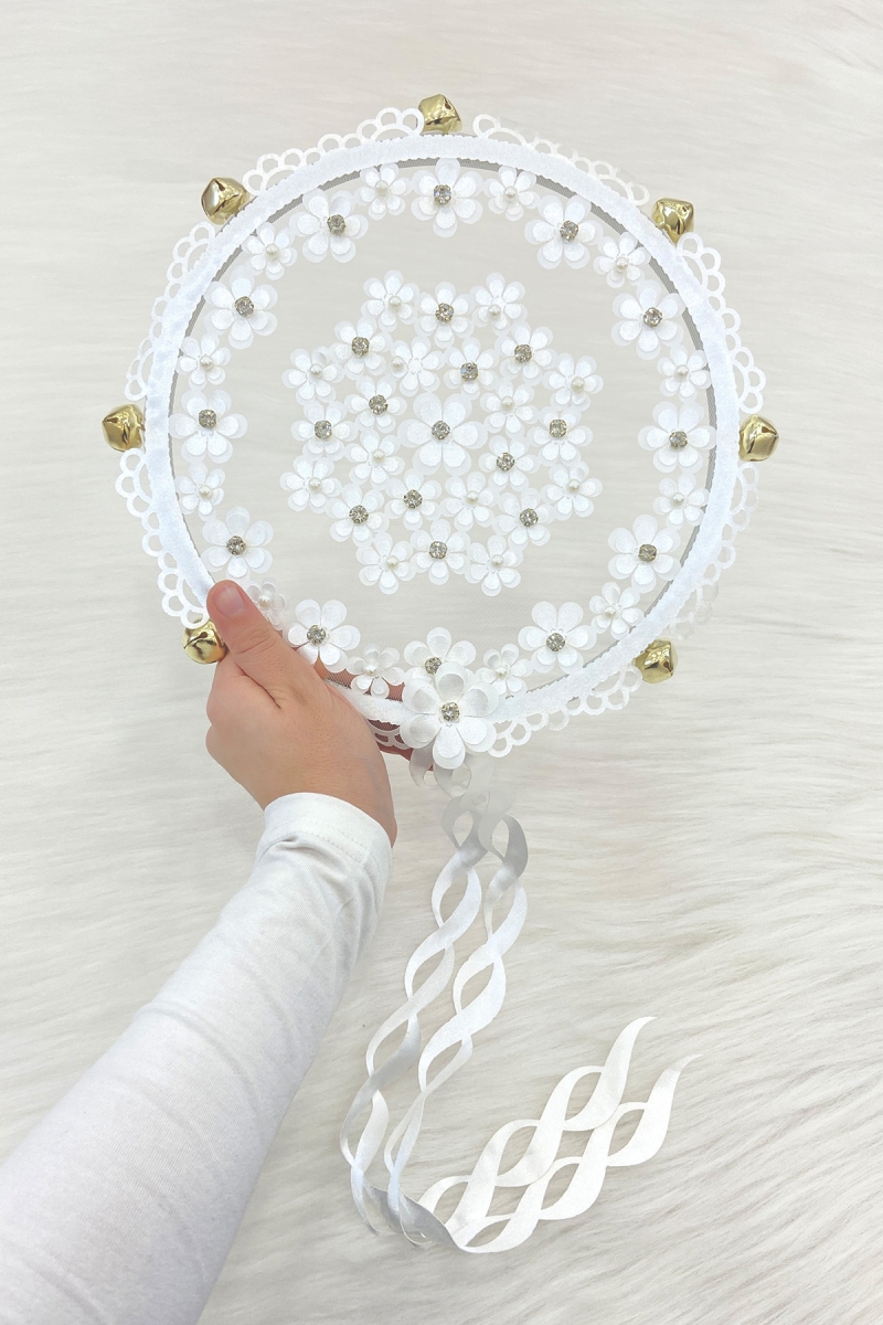 Beyaz Çiçekli Parlak Taşlı Gelin Tefi, Düğün Kına Söz Sünnet Bekarlığa Veda Bride Zilli 25cm, 1 Adet