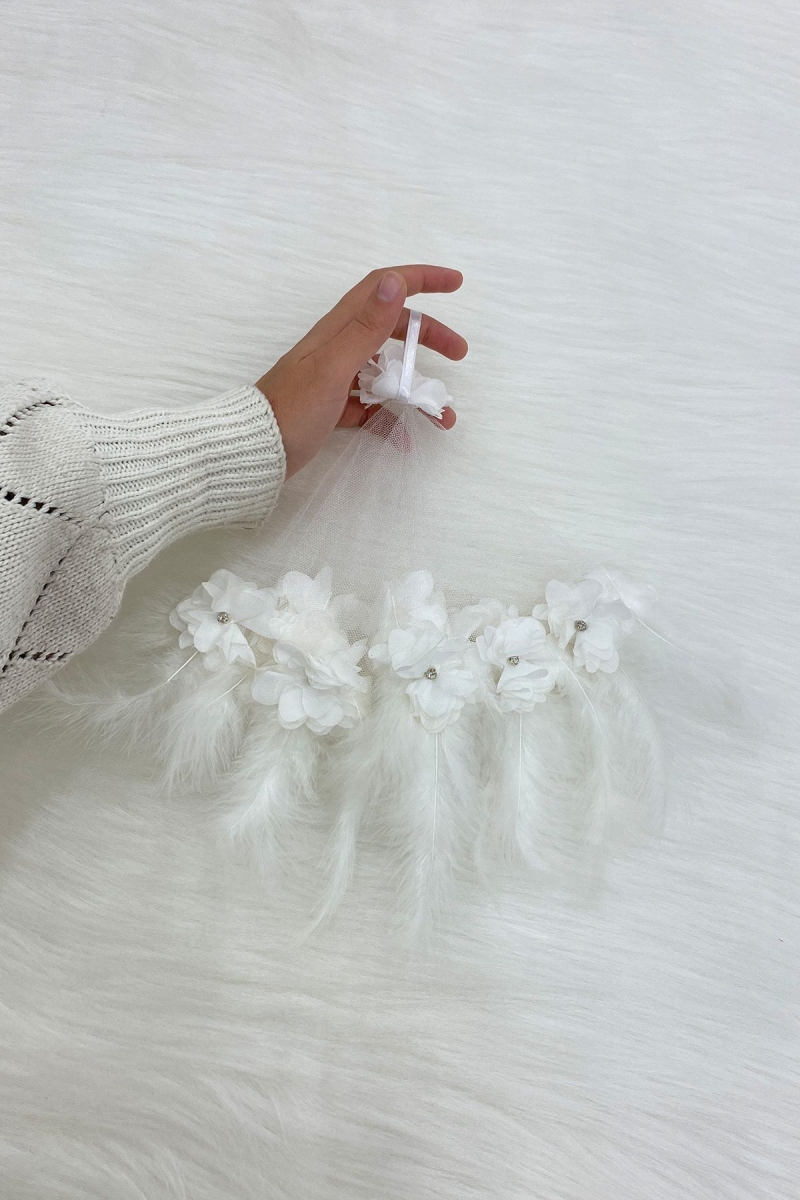 Beyaz Gelin Damat Halay Mendili, Üç Boyutlu Çiçek Ve Tüy Süslemeli, Düğün Kına Nişan Sünnet Bride