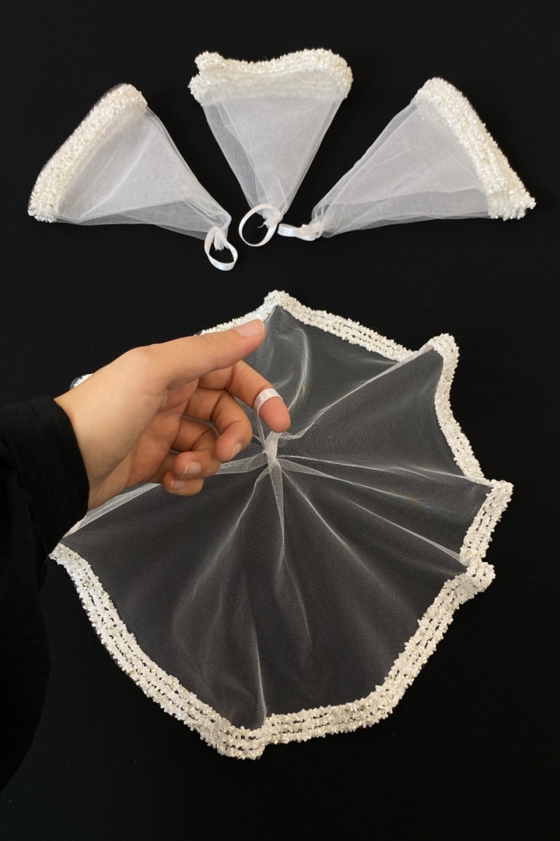 Beyaz Gelin Damat Mendili, Düğün Halay Nedime Kına Sünnet Mendili, Cam Boncuk ve Pul Baskılı