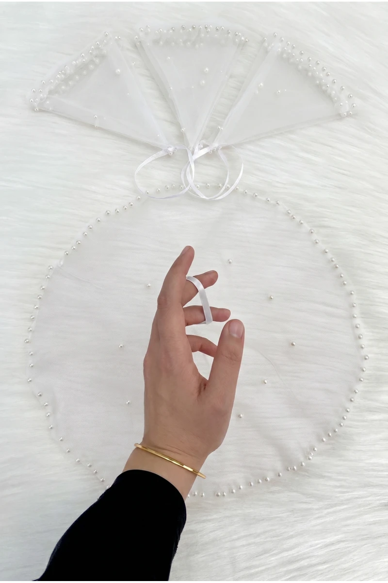 Beyaz Gelin Damat Mendili, İnci Süslemeli, Kına Halay Düğün Nedime Sünnet Söz Nişan Bride Parti, 1 Adet