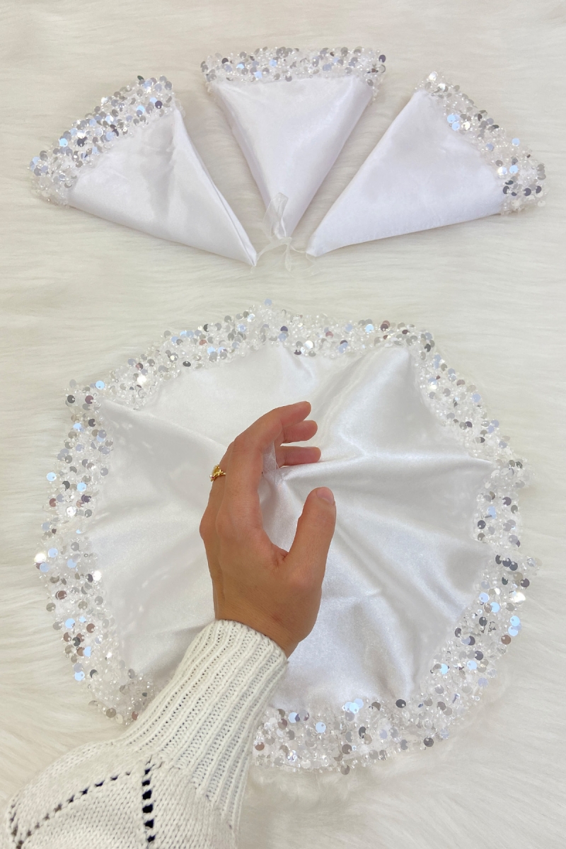 Beyaz Gelin Damat Mendili, Işıl Işıl Pul Detaylı Düğün Halay Nedime Söz Nişan Kına Sünnet Mendil