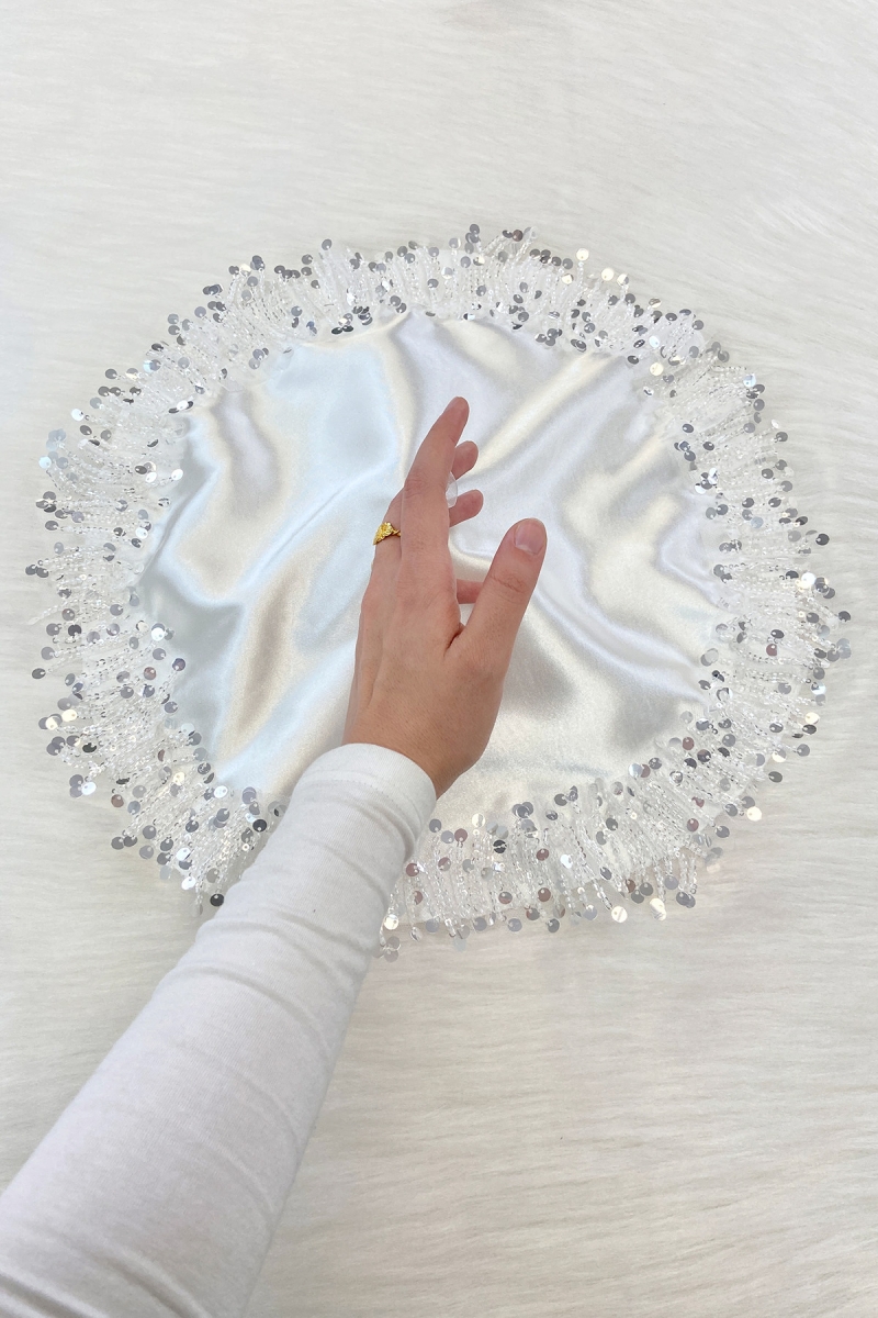 Beyaz Gelin Damat Mendili, Işıl Işıl Pul Ve Boncuk İşlemeli, Düğün Kına Sünnet Söz Nişan Halay