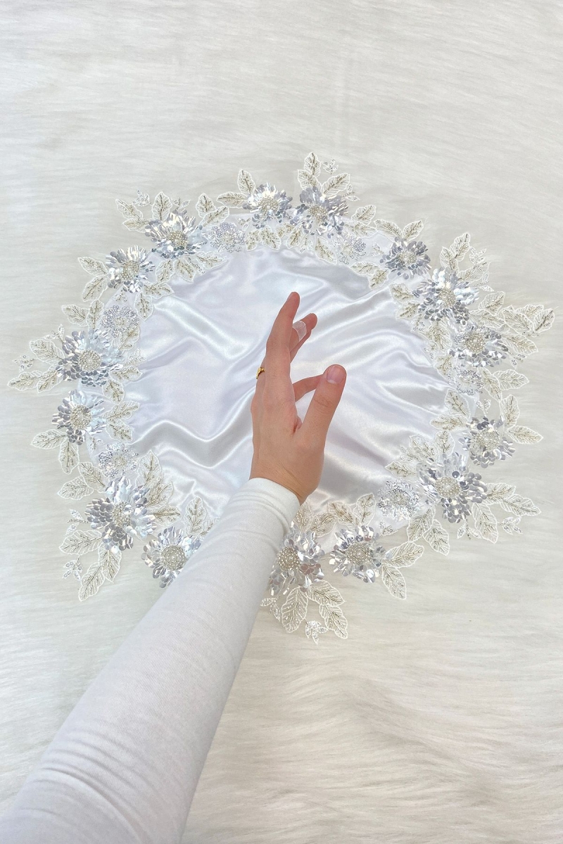 Beyaz Gelin Damat Mendili, Işıl Işıl Pul Ve Boncuk İşlemeli, Düğün Kına Sünnet Söz Nişan Halay