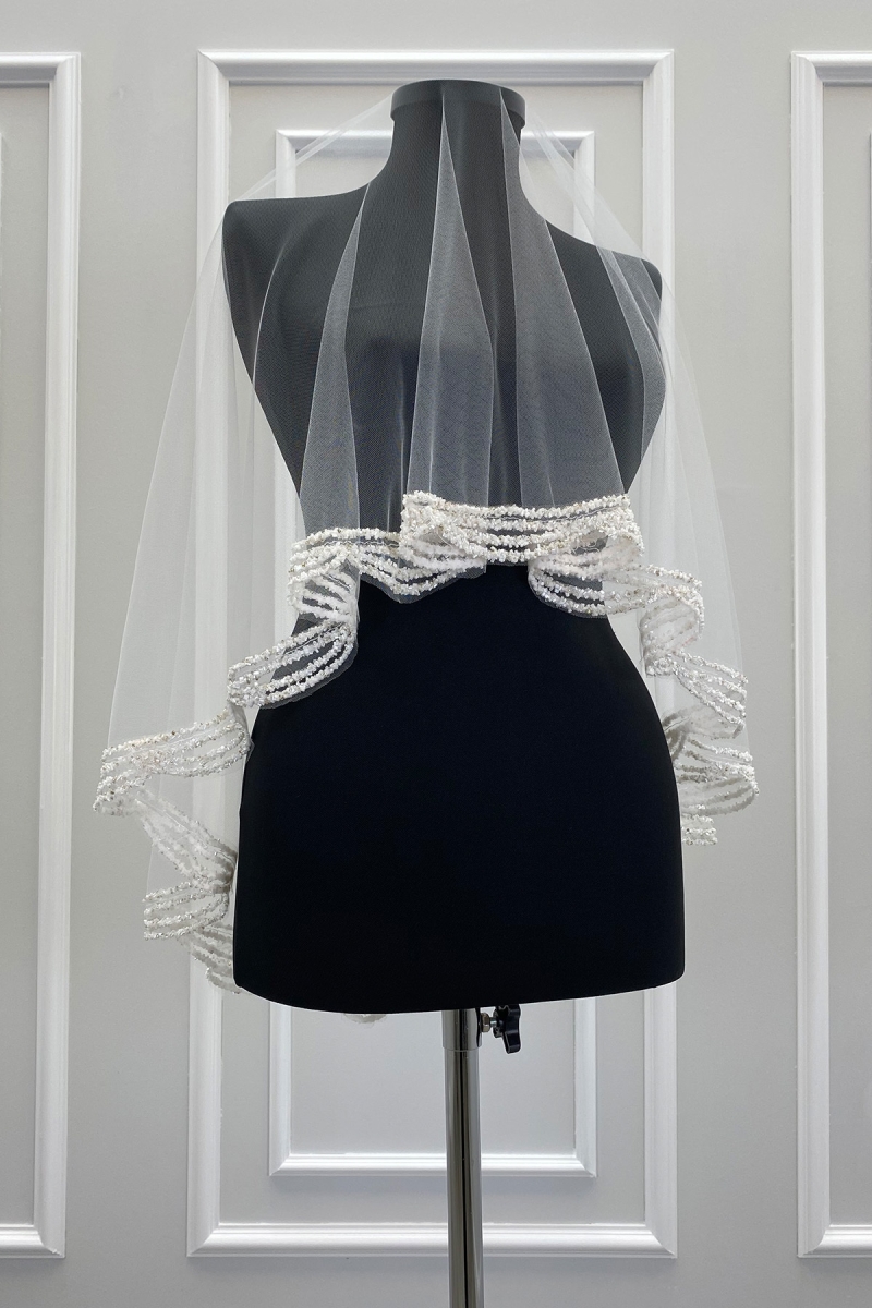 Beyaz Gelin Duvağı, Cam Boncuk Ve Pul Baskılı Kına Duvağı, Düğün, Nikah, Nişan, Bride