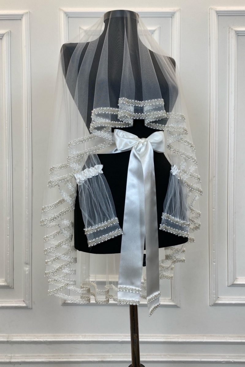 Beyaz Gelin Duvak Seti, Çift Sıra Cam Boncuk ve İnci İşlemeli, Kına Duvağı Seti 6 Parça