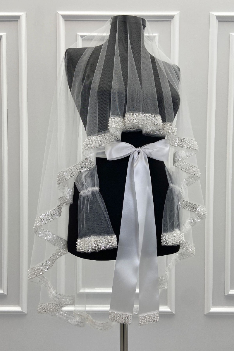 Beyaz Gelin Duvak Seti, İnci, Pul Ve Cam Boncuk İşlemeli, Kına Gecesi Duvağı Seti 6 Parça