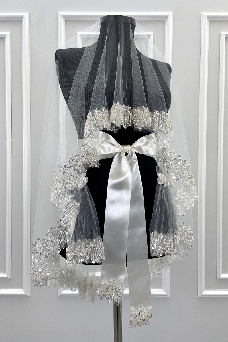 Beyaz Gelin Duvak Seti, Işıl Işıl Kristal Cam Boncuk Ve Pul İşlemeli Kına Duvağı 6 Parça