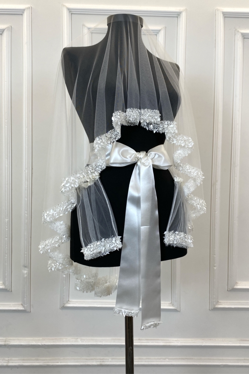 Beyaz Gelin Duvak Seti, Pullu Boncuklu İncili Su Taşlı Yaprak Desenli Kına Duvağı Seti 6 Parça