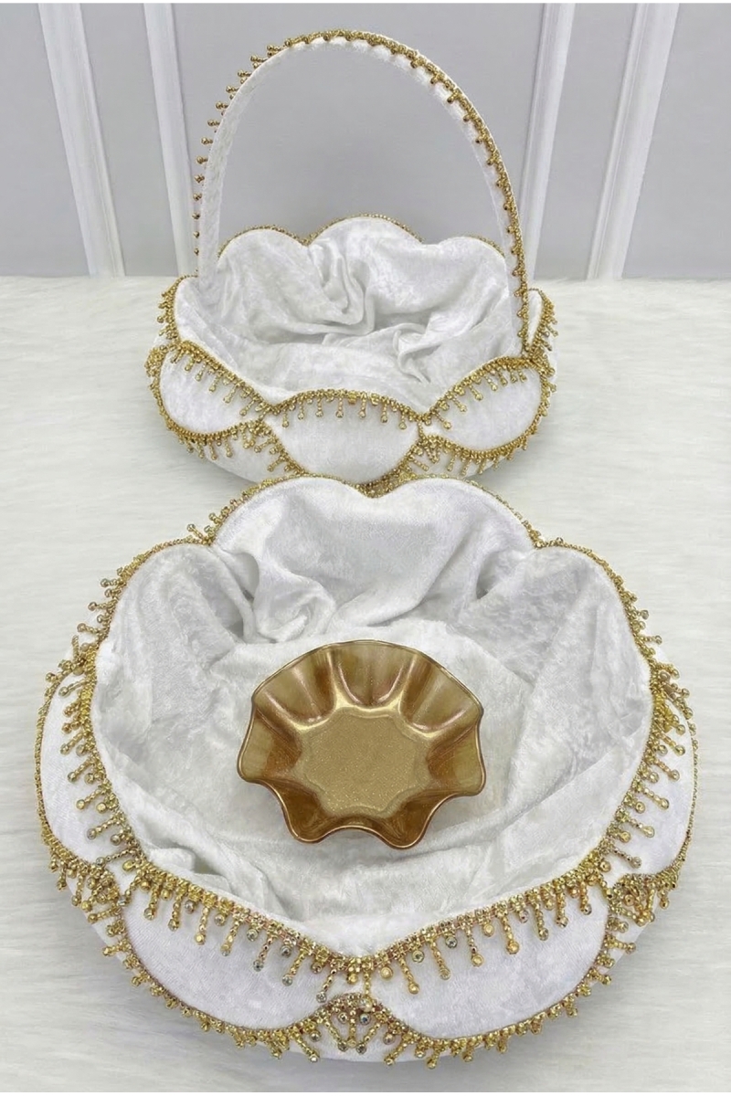Beyaz Gelin Kına Gecesi Tepsi Sepet Takımı, Gold Parlak Taş Süslemeli, Nişan, Nikah, Düğün, Söz
