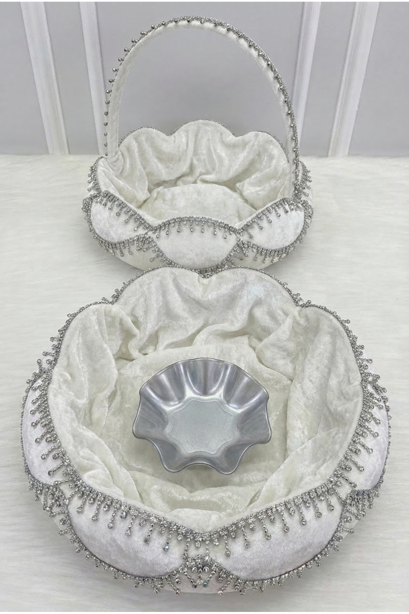 Beyaz Gelin Kına Gecesi Tepsi Sepet Takımı, Gümüş Parlak Taş Süslemeli, Nişan, Nikah, Düğün, Söz