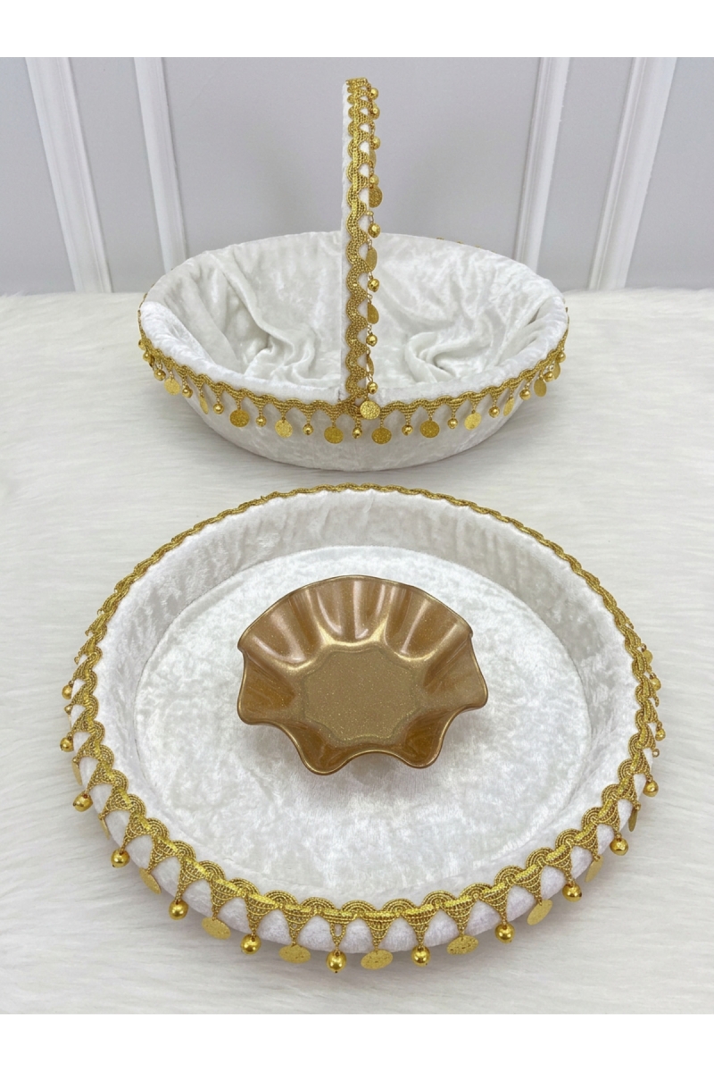 Beyaz Gelin Kına Gecesi Tepsi Ve Sepeti, Kadife, Gold Zilli Ve Pullu, Düğün, Sünnet, Nişan, Söz