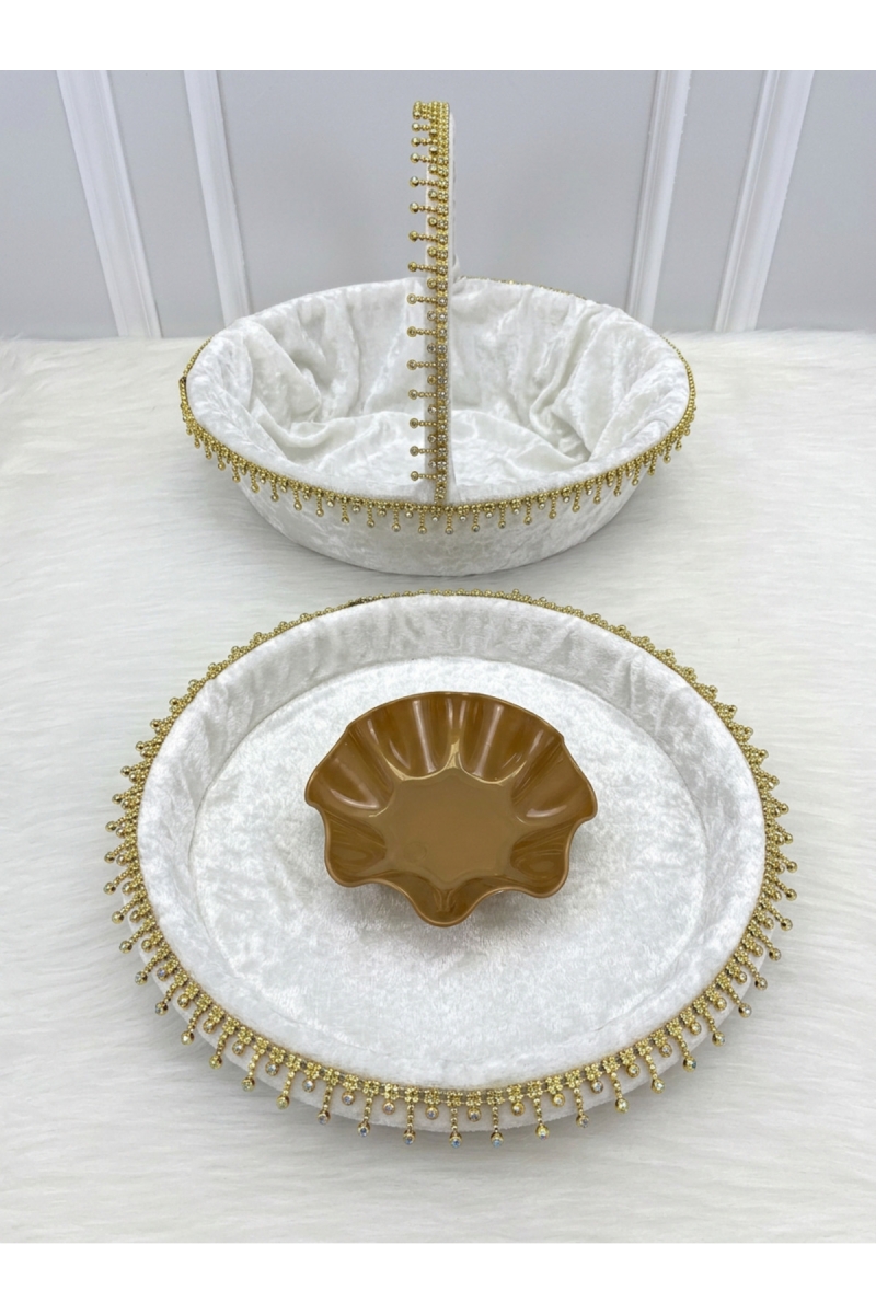 Beyaz Gelin Kına Gecesi Tepsi Ve Sepeti, Lüks Parlak Taşlı Kadife, Düğün, Sünnet, Nişan, Söz