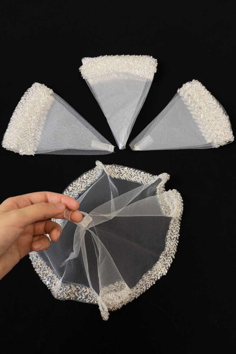 Beyaz Gelin Mendili Halay El Mendili  Zarif Su Taşlı Pullu Boncuklu Pul Payet