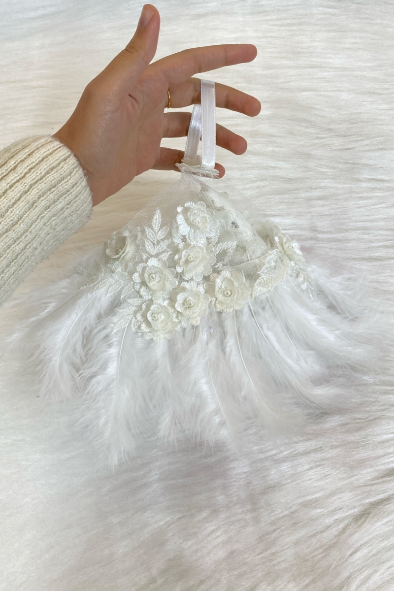 Beyaz Gelin Mendili, Kat Kat Çiçekli Güpür Inci Tüy Süslemeli Halay Mendili