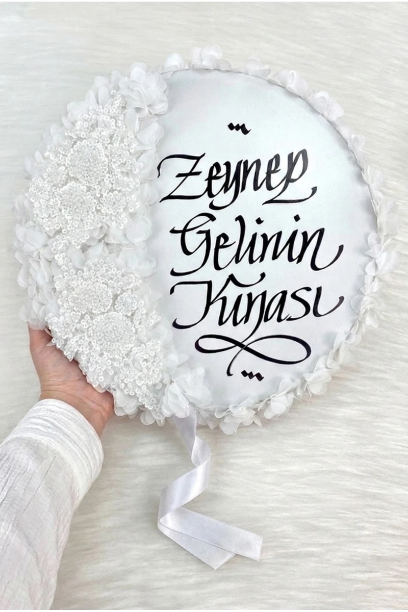 Beyaz Gelin Tefi 32cm, Kaligrafi Ve Vip Aplik Süslemeli, Düğün Sünnet Kına Nedime Nikah Söz Bride Parti Tefi
