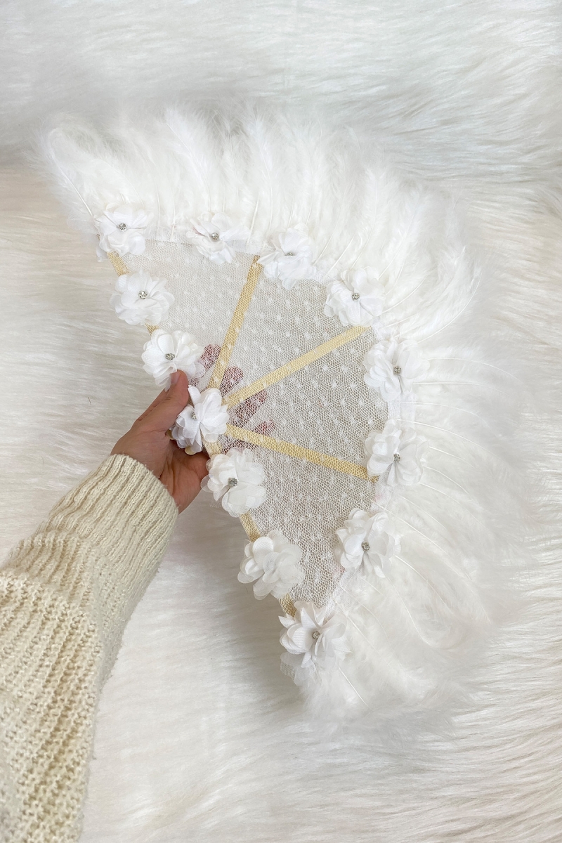 Beyaz Gelin Yelpazesi, Ahşap Tüylü Dantel Ve 3D Çiçek Süslemeli Kına Yelpazesi, Büyük Boy Yelpaze