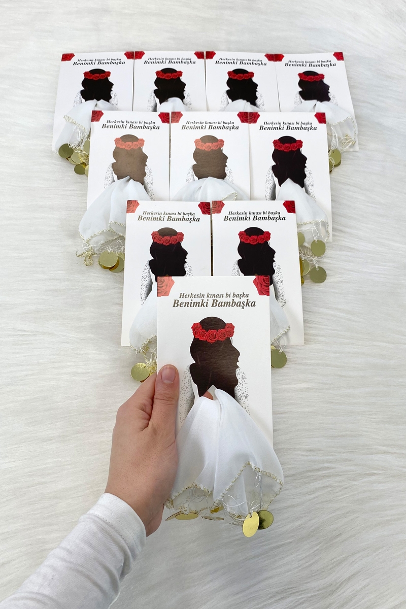 Beyaz Gold Şifon Kartlı Hediyelik Halay Mendili 1 Adet, Gelin Damat Düğün Kına Sünnet Nişan Bride