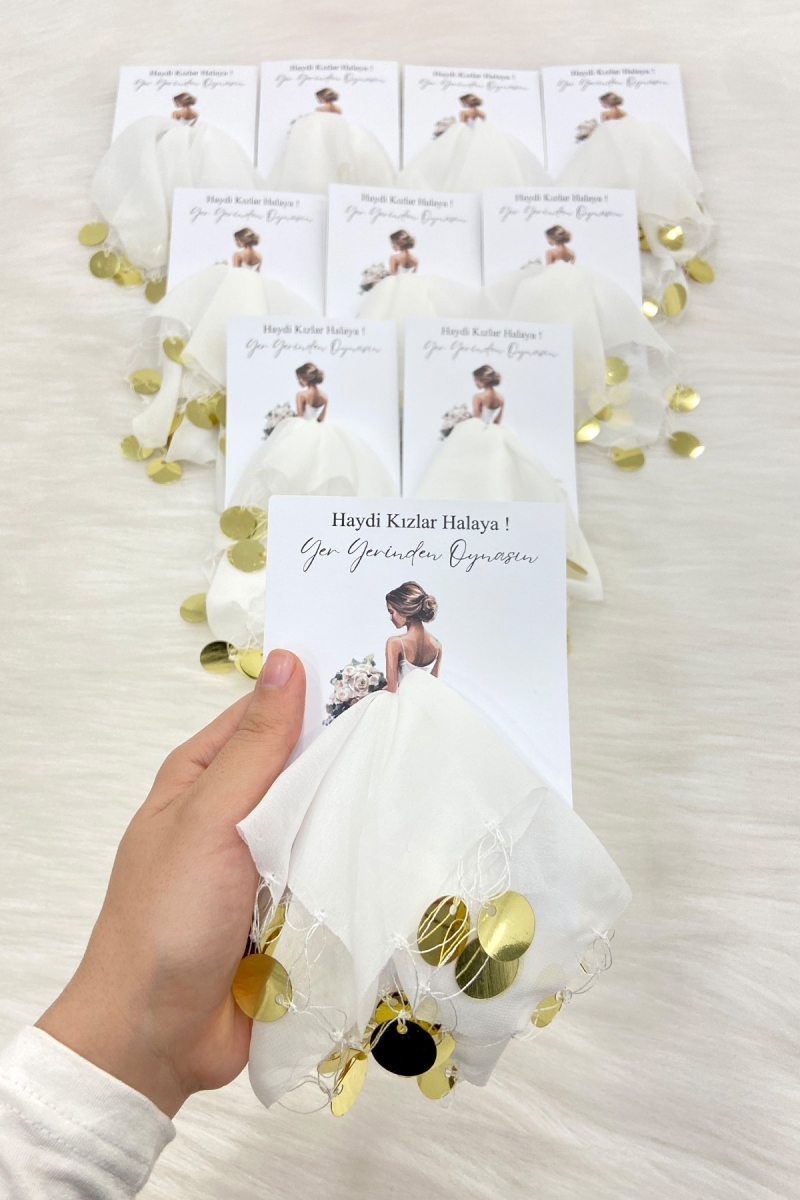 Beyaz Gold Şifon Kartlı Hediyelik Halay Mendili 5 Adet, Gelin Damat Düğün Kına Sünnet Nişan Bride