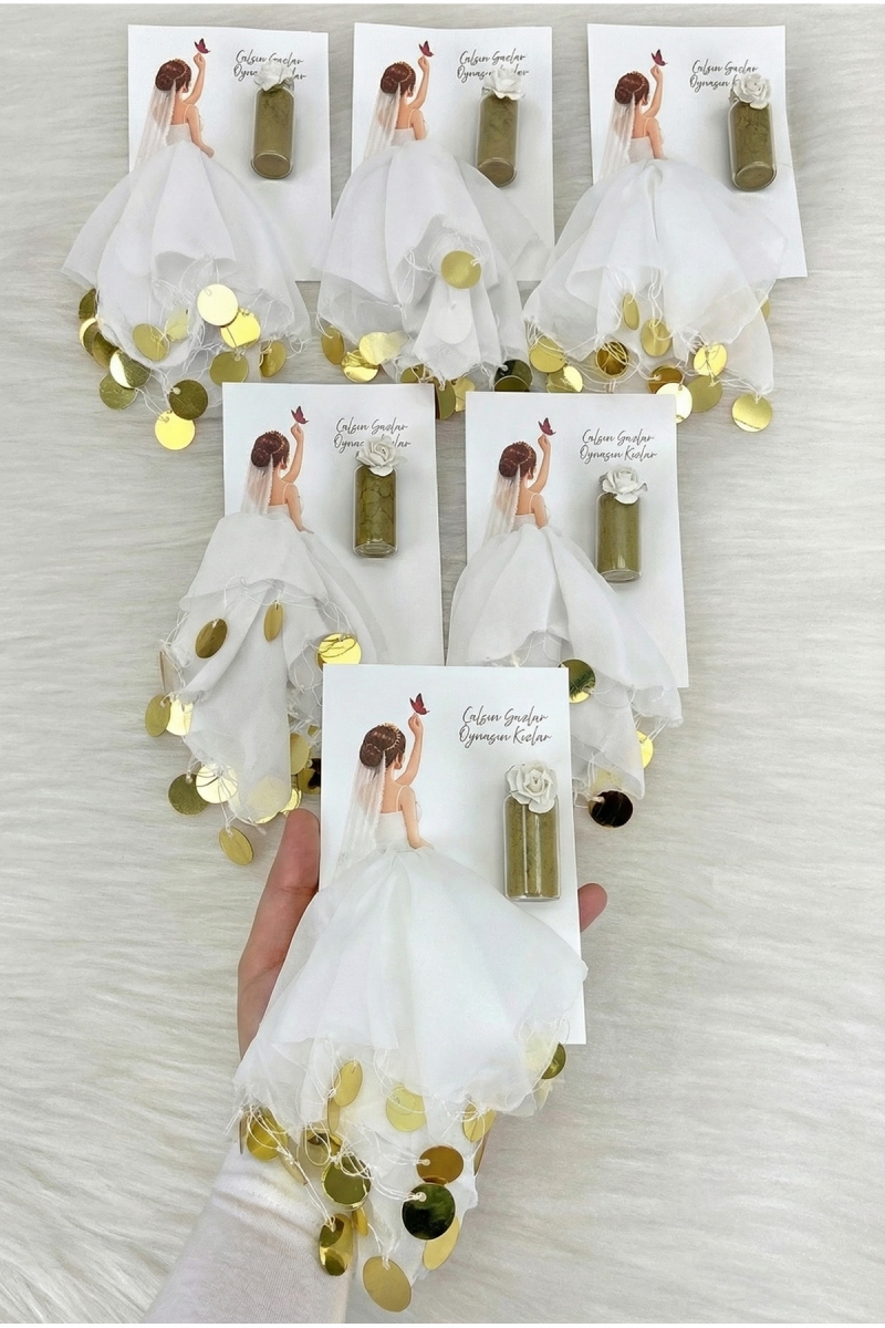 Beyaz Gold Şifon Kartlı Tüp Kınalı Hediyelik Halay Mendili, 10 Adet, Gelin Düğün Kına Nişan Bride