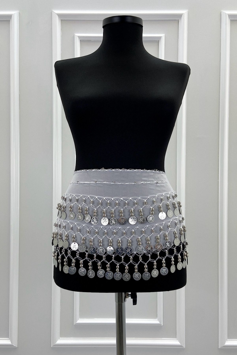 Beyaz Gümüş Şakira Oryantal Dansöz Dans Kemeri Pullu Zilli Kına Oyun Eğlence Nedime Düğün Shakira