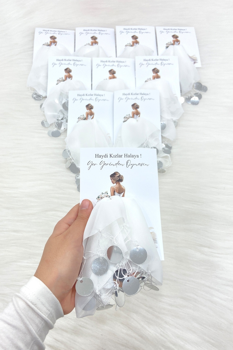 Beyaz Gümüş Şifon Kartlı Hediyelik Halay Mendili 1 Adet, Gelin Damat Düğün Kına Sünnet Nişan Bride