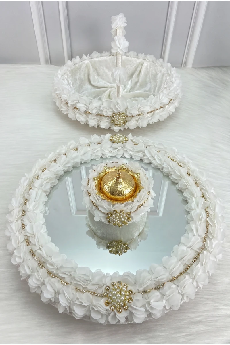 Beyaz Kına Gecesi Tepsi Sepet Gelin Takımı, Broşlu Çiçekli Aynalı Kadife, Nişan Nikah Düğün Söz Sünnet