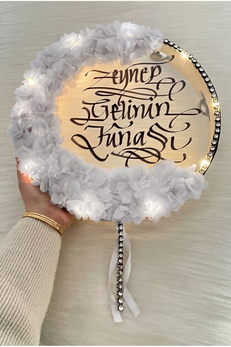 Beyaz Ledli Gelin Tefi 32cm, Üç Boyutlu Çiçek Ve Parlak Taş Süslemeli, Düğün Kına Nedime Bride Sünnet